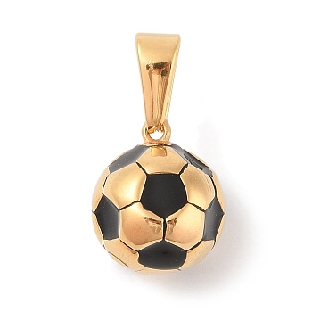 304 Stainless Steel Pendants, with Enamel, Football Charm, Golden, Black, 17.5x15x15mm, Hole: 8.5x5mm