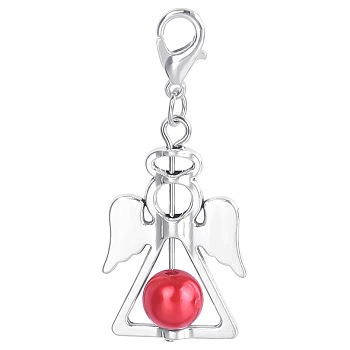 Alloy Angel Pendant Decorations, with CCB Imitation Pearl, Red, 4.4x1.9cm