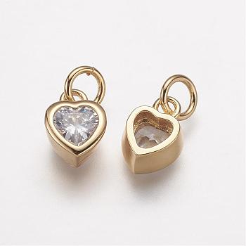 Brass Micro Pave Grade AAA Cubic Zirconia Charms, Lead Free & Nickel Free & Cadmium Free, Heart, Real 18K Gold Plated, 9x6.5x4mm, Hole: 3mm