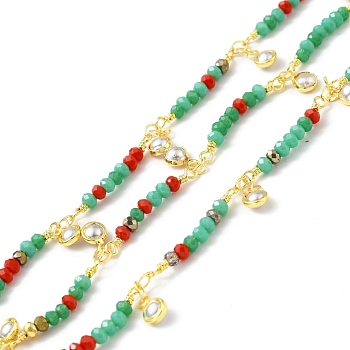 Handmade Round Glass Beaded Chain, with Gold Plated Brass Chains and CCB Pearl Charms, Long-Lasting Plated, Soldered, with Spool, Medium Aquamarine, 25x3mm
