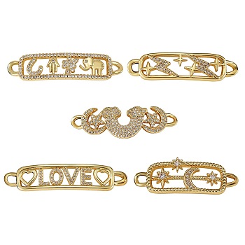 5Pcs 5 Style Brass Micro Pave Clear Cubic Zirconia Links Connectors, Long-Lasting Plated, Rectangle & Moon, Real 18K Gold Plated, 10~14.5x38.5~48x2.5~4mm, Hole: 2.5~3mm, 1pc/style
