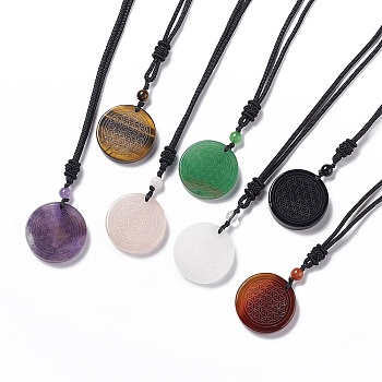 Natural Gemstone Flat Round with Flower of Life Pendant Necklace with Nylon Cord for Women, 25.59~27.95 inch(65~71cm)