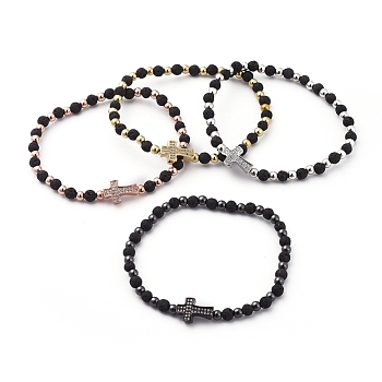 Natural Lava Rock Beads Stretch Bracelets, with Brass Round Beads and Brass Micro Pave Cubic Zirconia Beads, Cross, Mixed Color, 2-1/8 inch(5.5cm)