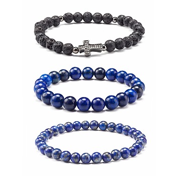 Natural Lapis Lazuli(Dyed) & Lava Rock Round Beads Stretch Bracelets Set, Cross Brass Micro Pave Cubic Zirconia Beads Bracelets for Men Women, Gunmetal, Inner Diameter: 2-3/8 inch(6cm), 3pcs/set