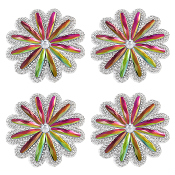 4Pcs Flower Hotfix Rhinestone (Hot Melt Adhesive On The Back), Iron on Patches, Rhinestone Trimming, Vitrail Light, 80x75x4.5mm