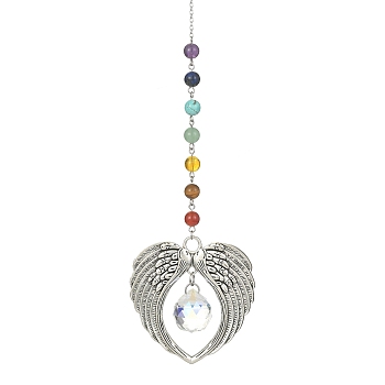 Glass Teardrop & Tibetan Style Alloy Wing Big Pendant Decorations, with Chakra Gemstone Beads, for Home Decorations, Antique Silver, 300mm