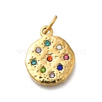 304 Stainless Steel Rhinestone Pendants, Ion Plating(IP), Flat Round Charm, Real 14K Gold Plated, Colorful, 19x15.5x2mm, Hole: 5x2.5mm(STAS-R159-54G-01)