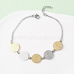 Religion 304 Stainless Steel Link Bracelets for Women, Flat Round, Golden & Stainless Steel Color, 7-3/4 inch(19.6cm)(BJEW-F524-03GP)