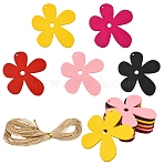 20Pcs 4 Colors Wood Big Pendants, Flower Charms, Dyed, with 1 Bundle Jute Twine, Mixed Color, 57x56x2mm, Hole: 2mm(WOOD-YW0002-05)
