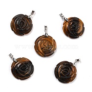 Natural Tiger Eye Pendants, with Platinum Tone Brass Findings, Flat Round with Rose Pattern, 32x25x8mm(G-I319-02P-04)