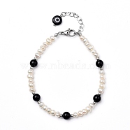 Natural Black Agate Beaded Bracelets, with Evil Eye Lampwork Beads, Natural Pearl Beads, Brass Beads and 304 Stainless Steel Lobster Claw Clasps, 7-7/8 inch(20cm)(BJEW-JB05313-05)