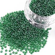 12/0 Grade A Round Glass Seed Beads, Transparent Colours Lustered, Green, 12/0, 2x1.5mm, Hole: 0.3mm(SEED-Q011-F522)