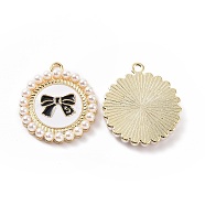 Alloy Enamel Pendants, with Plastic Imitation Pearl, Light Gold, Flat Round with Bowknot Charm, White, 28x25x4mm, Hole: 2mm(ENAM-G213-08LG-01)