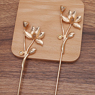 Iron Hair Stick Findings, with Alloy Cabochons Settings, Lotus, Light Gold, Tray: 10mm and 14x10mm, 181x34x15.5mm(OHAR-PW0001-296KCG)