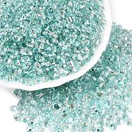 6/0 Baking Paint Transparent Glass Seed Beads, Silver Lined, Teardrop, Pale Turquoise, 4~5x4~4.5x3~4mm, Hole: 1~1.2mm, about 4500pcs/pound(SEED-N006-06J)