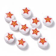 Opaque Printed Acrylic Beads, Flat Round with Star, Red, 7x4mm, Hole: 1.5mm(SACR-F004-02A)