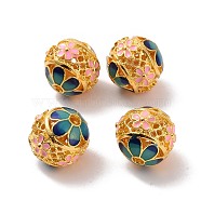 Hollow Alloy Beads, with Enamel, Round with Flower, Matte Gold Color, Pink, 14mm, Hole: 2mm(ENAM-L039-21MG-03)
