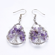 Natural Amethyst Dangle Earrings, with Brass Findings, Teardrop with Tree of Life, 53~54mm, Pin: 0.7mm(EJEW-F147-H06)