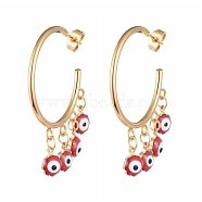 304 Stainless Steel Dangle Stud Earrings, Half Hoop Earrings, with Brass Enamel Charms and Ear Nuts, Evil Eye, Golden, Red, 44x33x4mm, Pin: 0.8mm(EJEW-JE04153-03)