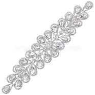 Glass Crystal AB Rhinestone Applique, with Brass Sttings, for Bridal Belt, Wedding Dress Decoration, Leaf, Silver Color Plated, 52x240x6mm(DIY-WH0343-38)