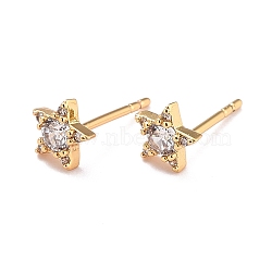 Star Sparkling Cubic Zirconia Stud Earrings for Her, Brass Micro Pave Cubic Zirconia Earrings, Real 18K Gold Plated, 5.5x6x2mm, Pin: 0.8mm(ZIRC-C025-16G)