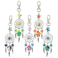 Woven Net/Web with Feather Alloy Pendant Decorations, Starfish Turtle Synthetic Turquoise and Swivel Clasps Charms for Bag Ornaments, Mixed Color, 120mm(HJEW-JM02139)