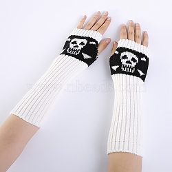 Polyacrylonitrile Fiber Yarn Knitting Long Fingerless Gloves, Arm Warmer, Winter Warm Gloves with Thumb Hole, Skull Pattern, White, 295~330x80mm(COHT-PW0001-18A)