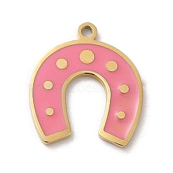 304 Stainless Steel Charms, with Enamel, Real 14K Gold Plated, Horseshoe Charm, Pink, 14x12x0.9mm, Hole: 1mm(STAS-K263-09G)