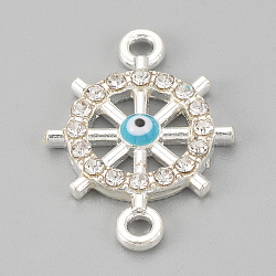 Alloy Rhinestone Links Connectors, Cadmium Free & Lead Free, Helm with Evil Eye, Sky Blue, Silver Color Plated, 20.5x14.5x2mm, Hole: 1.5mm(X-ALRI-S170-13S)