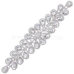 Glass Crystal AB Rhinestone Applique, with Brass Sttings, for Bridal Belt, Wedding Dress Decoration, Leaf, Silver Color Plated, 52x240x6mm(DIY-WH0343-38)