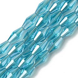 Transparent Electroplate Glass Beads Strands, Pearl Luster Plated, Faceted, Bicone, Deep Sky Blue, 8x4mm, Hole: 0.8mm, about 66~68pcs/strand, 22.83''(58cm)(GLAA-K064-05A-PL07)