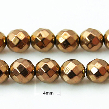 Non-magnetic Synthetic Hematite Beads Strands, Faceted, Round, Red Copper Plated, 4mm, about 99pcs/strand, 15.7 inch