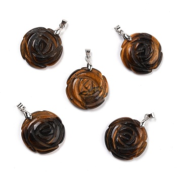 Natural Tiger Eye Pendants, with Platinum Tone Brass Findings, Flat Round with Rose Pattern, 32x25x8mm