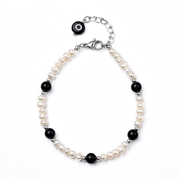 Natural Black Agate Beaded Bracelets, with Evil Eye Lampwork Beads, Natural Pearl Beads, Brass Beads and 304 Stainless Steel Lobster Claw Clasps, 7-7/8 inch(20cm)