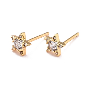 Star Sparkling Cubic Zirconia Stud Earrings for Her, Brass Micro Pave Cubic Zirconia Earrings, Real 18K Gold Plated, 5.5x6x2mm, Pin: 0.8mm