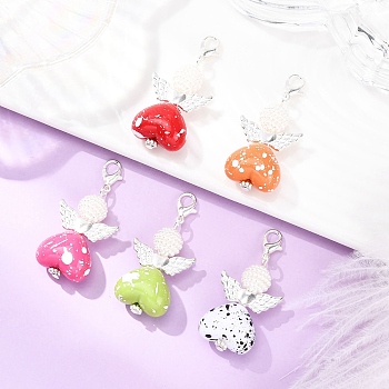 Heart Angel Acrylic & Glass Pearl Pendant Decorations, with Alloy Lobster Claw Clasps, Mixed Color, 46.5mm