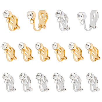 20Pcs 2 Colors 304 Stainless Steel Clip-on Earring Findings with Cubic Zirconia, with Loops, Golden & Stainless Steel Color, 14x5mm, Hole: 2.5mm, 10Pcs/color