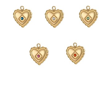 304 Stainless Steel Micro Pave Cubic Zirconia Pendants, Heart Charm, Ion Plating(IP), Long-Lasting Plated, Real 18K Gold Plated, Mixed Color, 14x13mm,Hole:1.50mm