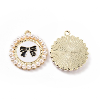 Alloy Enamel Pendants, with Plastic Imitation Pearl, Light Gold, Flat Round with Bowknot Charm, White, 28x25x4mm, Hole: 2mm