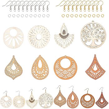 DIY Wooden Dangle Earring Making Kits, Including 32Pc Dress & Geometry Wood Pendants, Brass Earring Hooks & Jump Rings, BurlyWood, 160pcs/set