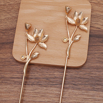Iron Hair Stick Findings, with Alloy Cabochons Settings, Lotus, Light Gold, Tray: 10mm and 14x10mm, 181x34x15.5mm