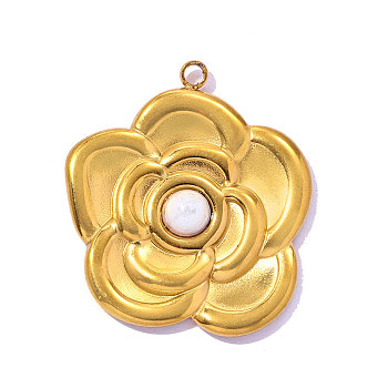 304 Stainless Steel & ABS Imitation Pearl Pendants, Flower Charm, Ion Plating(IP), White, Real 18K Gold Plated, 23x21mm, Hole: 1.6mm