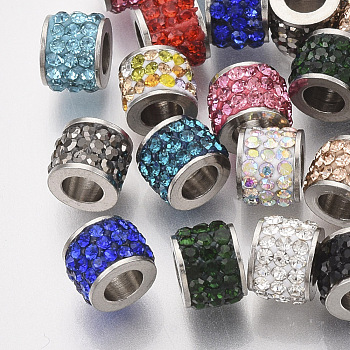 201 Stainless Steel Beads, with Polymer Clay Rhinestone, Column, Mixed Color, 5.5x7mm, Hole: 3.5mm