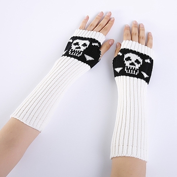 Polyacrylonitrile Fiber Yarn Knitting Long Fingerless Gloves, Arm Warmer, Winter Warm Gloves with Thumb Hole, Skull Pattern, White, 295~330x80mm