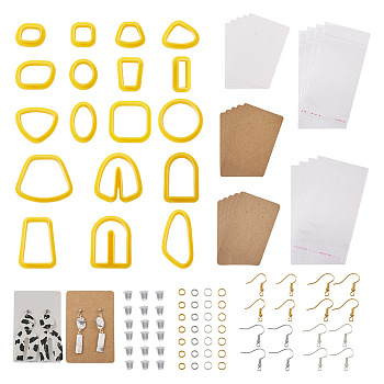 FASHEWELRY 18Pcs 18 Style Plastic Clay Cutters, Oval & Trapezoid & Rectangle & Half Round, with Brass Jump Rings & Earring Hooks, Cellophane Bags, Cardboard Cards, Plastic Ear Nuts, Yellow, Cutters: 18pcs/bag