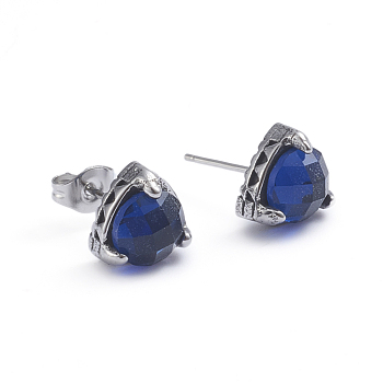Retro 304 Stainless Steel Stud Earrings, with Cubic Zirconia and Ear Nuts, Triangle, Blue, Antique Silver, 9x9.5mm, Pin: 0.6mm