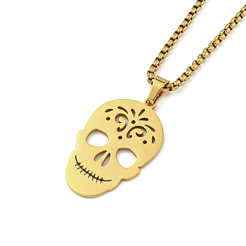 201 Stainless Steel Pendant Necklaces for Man, Skull, Real 18K Gold Plated, 23.58 inch(59.9cm), Skull: 35.5x21.5x1.3mm