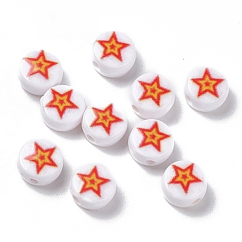 Opaque Printed Acrylic Beads, Flat Round with Star, Red, 7x4mm, Hole: 1.5mm