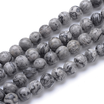 Natural Map Stone/Picasso Stone/Picasso Jasper Bead Strands, Round, 8~9mm, Hole: 1mm, about 46pcs/strand, 15.3 inch