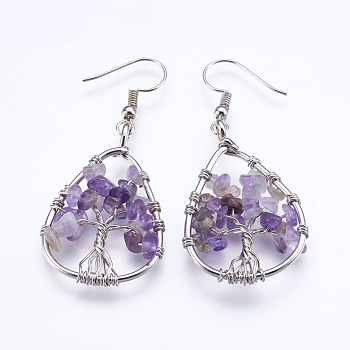 Natural Amethyst Dangle Earrings, with Brass Findings, Teardrop with Tree of Life, 53~54mm, Pin: 0.7mm